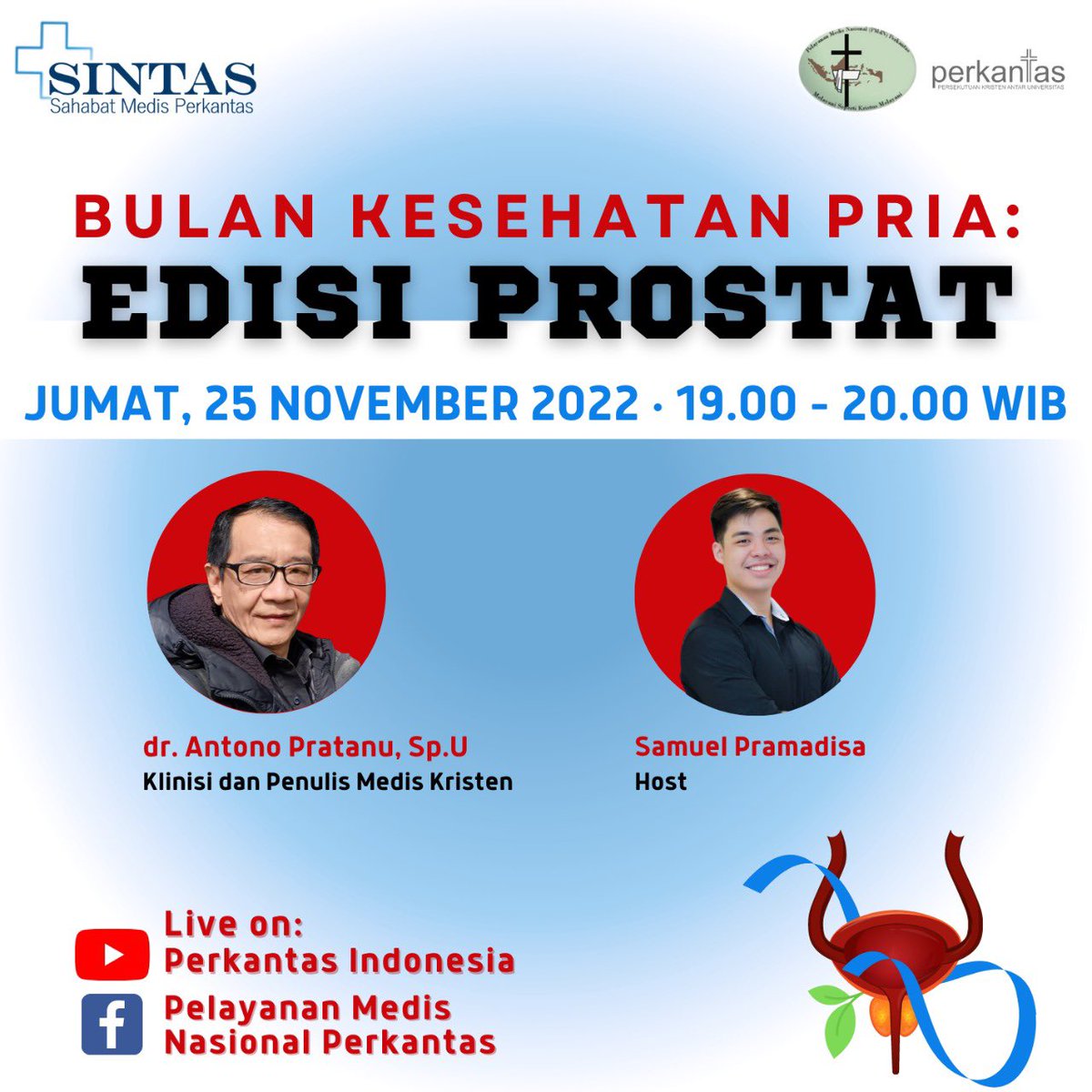 Link:
📍 Youtube Perkantas Indonesia: s.id/sintas25nov22 
📍 FB Pelayanan Medis Nasional Perkantas: s.id/sintas25nov22-…

Kami juga membuka live chat Youtube bagi yang ingin mengajukan pertanyaan. Sampai ketemu 😊
#KankerProstat #SINTAS #SahabatMedisPerkantas
