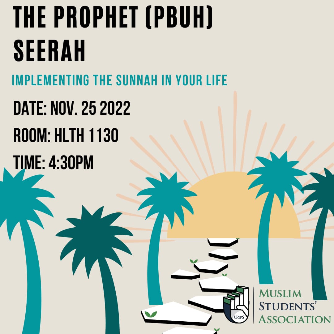 uofsmsa's tweet photo. This week, we will be continuing our study into life of Rasulullah (ﷺ) so we can learn from and implement his way of life, and be of those our beloved Messenger (ﷺ) wished to meet!

Date: Fri. Nov. 25/22
Time: 4:30 pm
Location: HLTH 1130 https://t.co/5RH16RYAP7