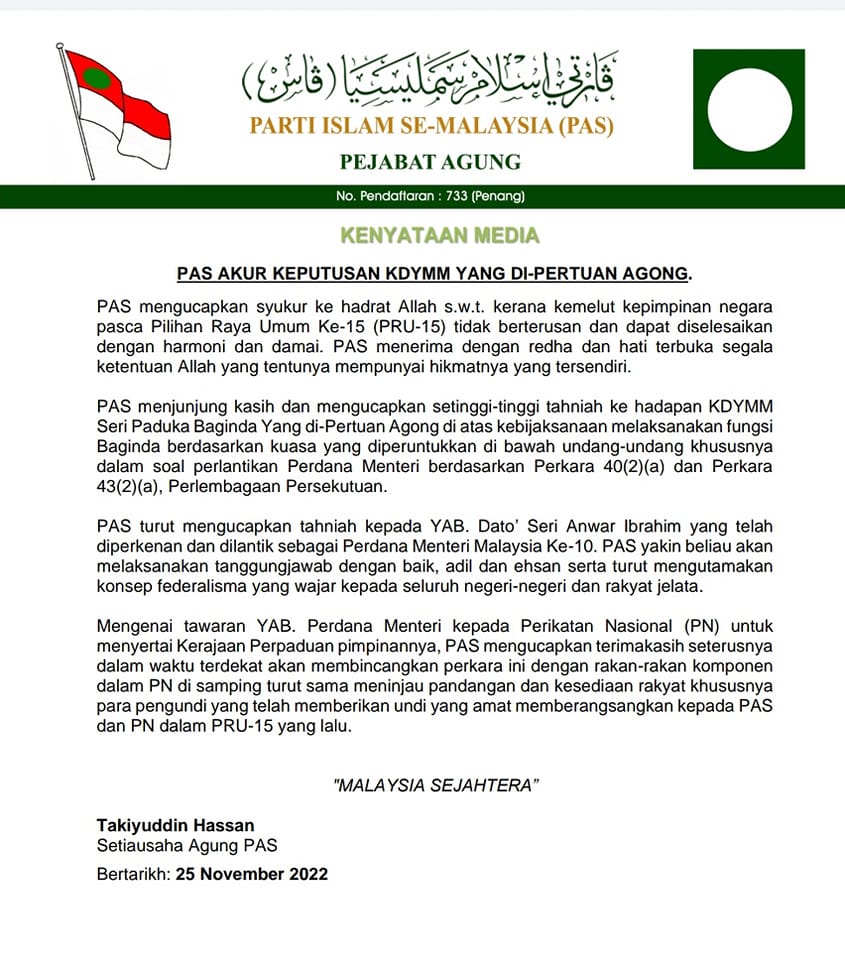 Kenyataan Media Setiausaha Agung PAS bertarikh 25 November 2022