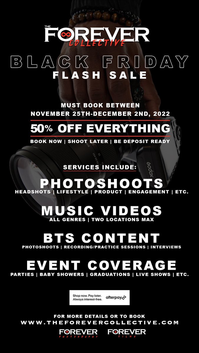 #BLACKFRIDAY FLASH SALE

[ 50% OFF ALL #PHOTOSHOOTS! ]

[ 50% OFF ALL #MUSICVIDEOSHOOTS! ]

[ 50% OFF ALL #BTSCONTENT! ]

[ 50% OFF ALL #EVENTCOVERAGE! ]

——
Must be deposit ready and book between November 25th-December 2nd 2022 to be eligible!
——

WE ACCEPT AFTERPAY!