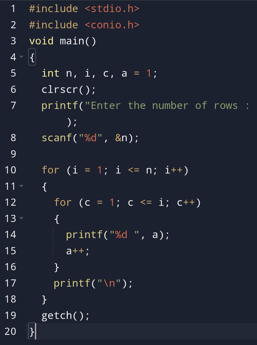 luckykalsi22's tweet image. Print Floyd's triangle
1
2 3
4 5 6
7 8 9 10
11 12 13 14
Using c programming language #programminglover #programming #coading #clanguage #coder #programmer