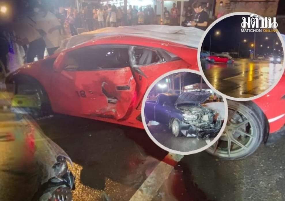 KhaosodEnglish's tweet photo. A red Lamborgini, part of a excursion convoy of 50 supercars organized by a Thai Lamborgini dealer, was hit by a pickup truck in Sukhothai province on Thursday. Both sides claim it was the fault of the other. No one was seriously injured.  #Thailand #WhatsHappeningInThailand #KE https://t.co/QCID1Cb1Do