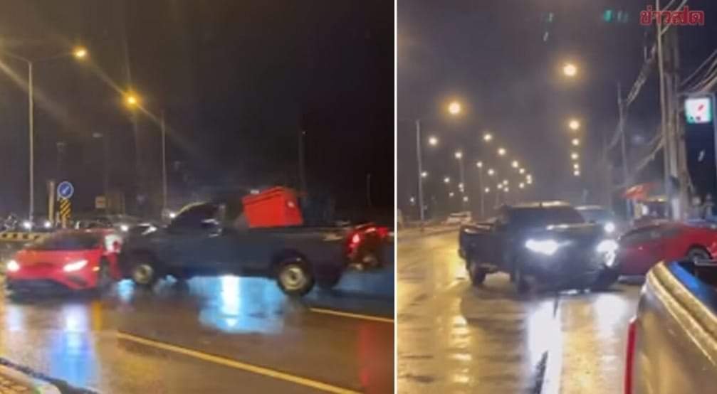 KhaosodEnglish's tweet photo. A red Lamborgini, part of a excursion convoy of 50 supercars organized by a Thai Lamborgini dealer, was hit by a pickup truck in Sukhothai province on Thursday. Both sides claim it was the fault of the other. No one was seriously injured.  #Thailand #WhatsHappeningInThailand #KE https://t.co/QCID1Cb1Do