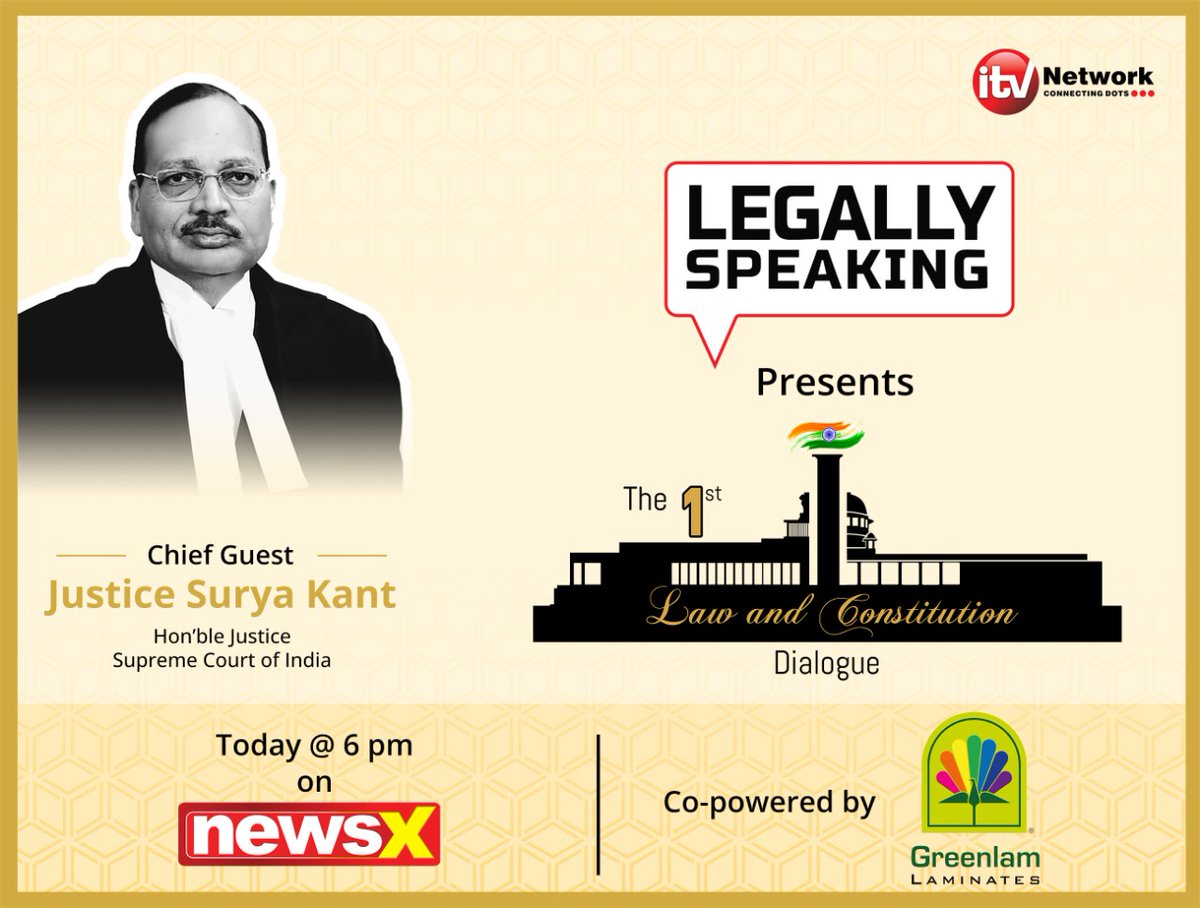 #LegallySpeaking presents the 1st Law &amp; Constitution Dialogue. Watch live at 6 PM only on #NewsX
<a href="/Tarunnangia/">LegallySpeakingTarun</a>