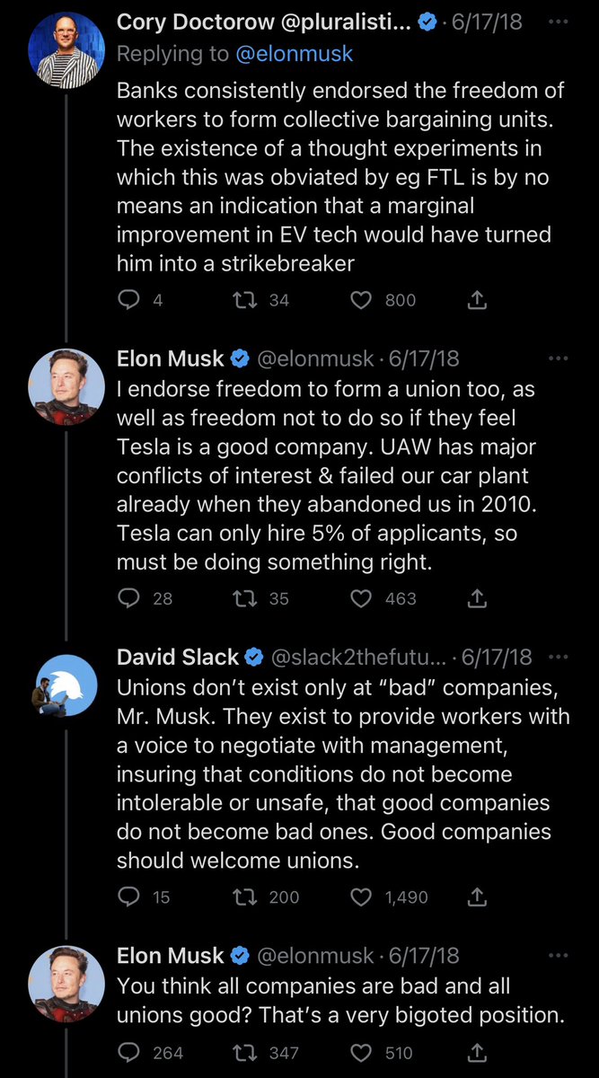 remember when elon musk claimed to be a utopian anarchist and then when cory doctorow called him out he got so mad he said cory doctorow was worthy of contempt and that people who supported unions were bigots