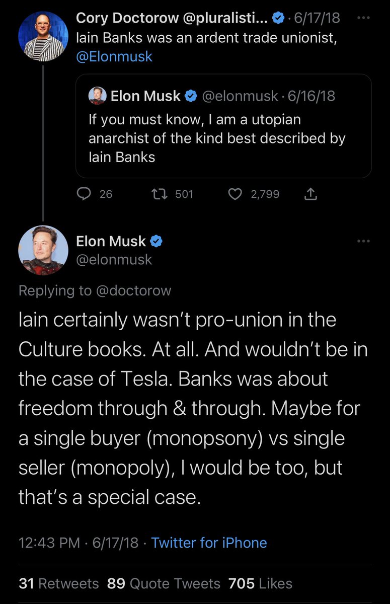 esjesjesj's tweet photo. remember when elon musk claimed to be a utopian anarchist and then when cory doctorow called him out he got so mad he said cory doctorow was worthy of contempt and that people who supported unions were bigots https://t.co/TvTbpcgHsx
