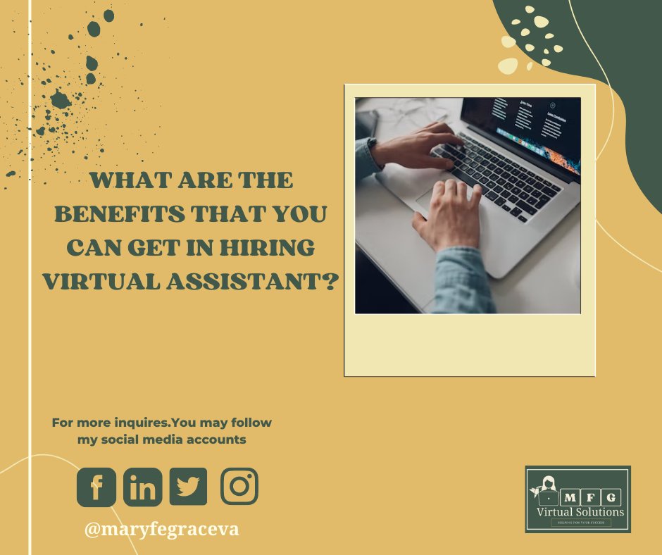 maryfegraceva's tweet photo. What are the benefits that you can get in hiring Virtual Assistant💻?
#HiringVirtualAssistant
#remoteassistant
#ProfessionalVA
#workfromhome
#BenefitsofVA
#MFGVirtualAssistant
#MFGfindinglegitclient
#mfgworkfromhomeservices
#LetMFGVAhelpyou
#MFGVirtualSolutions https://t.co/NjZ4x1N4cI