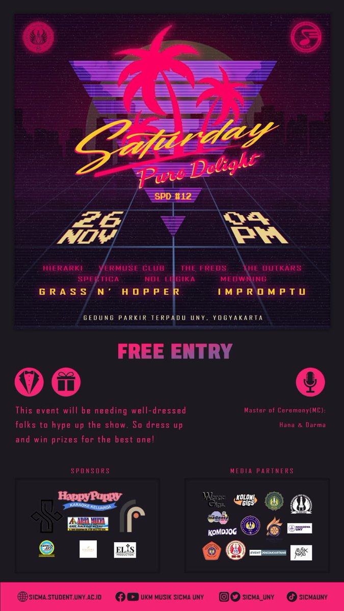 sicma_uny's tweet photo. 🔮SPD #12: 'Saturday Pure Delight'🔮
SPD merupakan event yang dilaksanakan setiap akhir tahun di UKM Musik Sicma UNY yang akan menampilkan band band dari album kompilasi sicma ‘Creation’ dan akan ada penampilan dari guest star!🤩🥳
dan ini FREE HTM! Jangan lupa datang!✨ https://t.co/ZKjnvUA40g