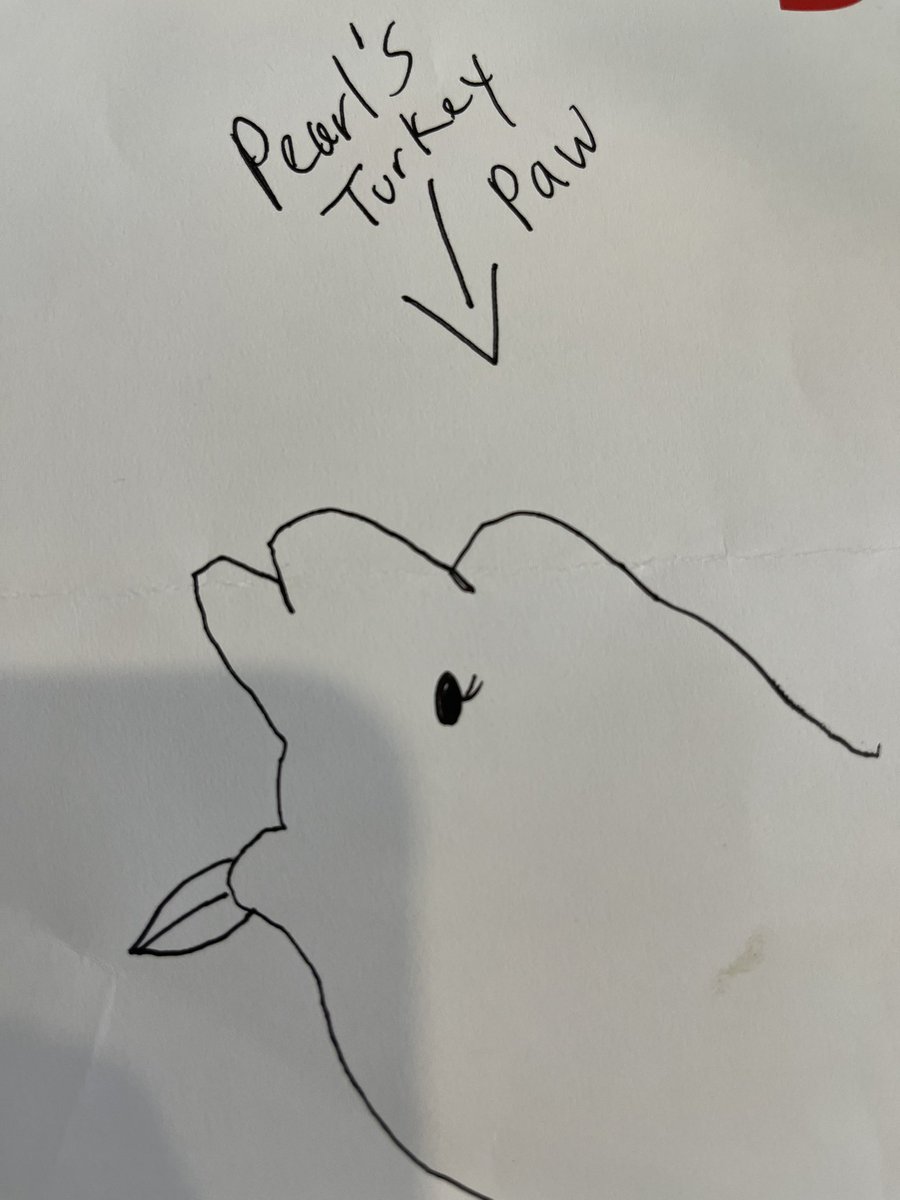 AJenZ's tweet photo. Pearl Ann Tuttle’s Thanksgiving ensemble that promptly resulted in her going catatonic and falling to the floor. After disrobing, she traced her paw &amp; made a Turkey. She left the legs off so it couldn’t run away before it went in the oven. I erased the beheading machete. https://t.co/EcW2gfxEAl