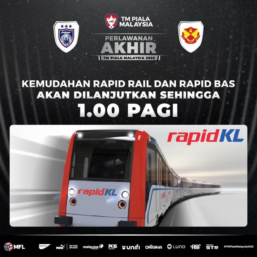KBSMalaysia's tweet photo. π INFO PENGANGKUTAN AWAM KE PERLAWANAN AKHIR TM PIALA MALAYSIA 2022 | #ROADTOSNBJ
Menjelang perlawanan akhir TM Piala Malaysia pada Sabtu ini, pihak Rapid Rail mengumumkan operasi Rapid Rail dan Rapid Bas akan dilanjutkan waktunya sehingga 1 PAGI. https://t.co/bUQ11xylOa