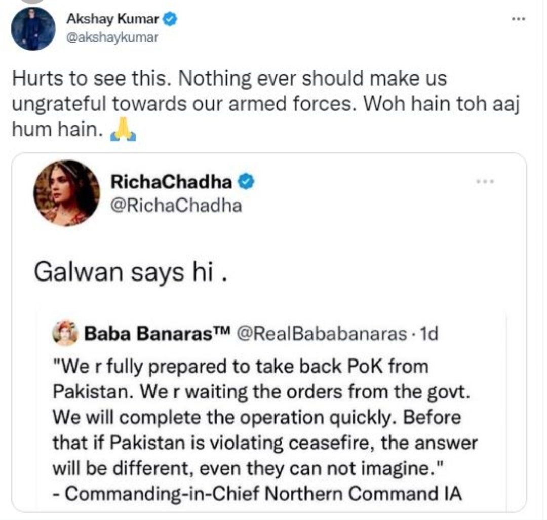 _DevanshRawat_'s tweet photo. #richachadha was accused of mocking Indian Army with a tweet referring to the clash in Galwan .Richa Chadha's tweet wrote “Galwan says Hi”to the statement of Northern Army Commander Lt General Upendra Dwivedi .2020 Galwan clash led to the deaths of many Indian Army soldiers . https://t.co/BTkqdFsGfe