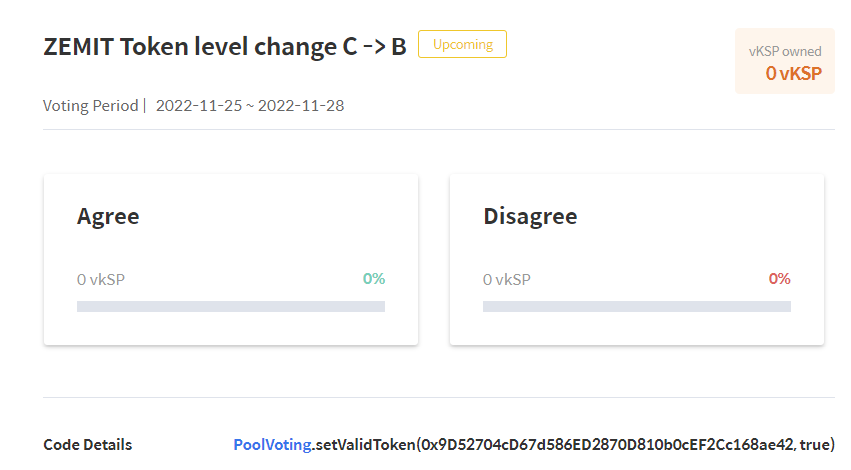 📢KLAYswap NEWS
A governance proposal for ZEMIT token is upcoming‼️

⏰Voting Period : 2022-11-25 ~ 2022-11-28

ZEMIT is the key currency of Zemiter, an open blockchain game platform😎

Please join the voting &amp; practice your voting power🚀

Link: klayswap.com/governance/62