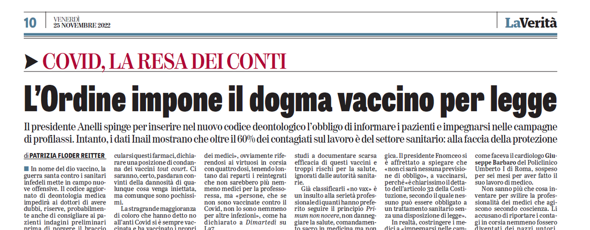 patfreitter's tweet photo. Non sanno più che cosa invertarsi per impedire ai medici di agire secondo coscienza professionale. Anche consigliare di fare accertamenti prima di vaccinarsi, potrà essere infrazione di una norma deontologica @LaVeritaWeb https://t.co/eM3wT3uSyb