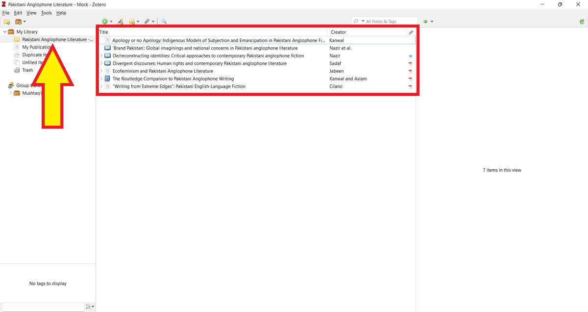 A screenshot of the items in the "Pakistani Anglophone Literature" collection. A yellow arrow points to the "Pakistani Anglophone Literature" collection.