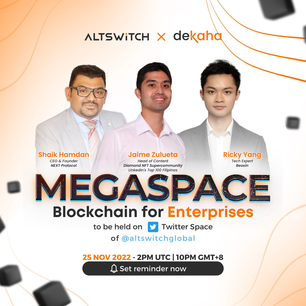 altswitchglobal's tweet photo. #AltSwitchMegaspaces speakers are now completed! 🇨🇳🇸🇬🇵🇭🇦🇪
🔥 @0xCryptoLee, a tech expert in @Beosin_com
🔥 @JaimeZ888, Head of Content of @DiamondNFT and
🔥 @shaik99, CEO & Founder of @ProtocolNext
Get a chance to win 🚨 100$ of $ALTS + 2 @philblockchain expo tickets 🚨 https://t.co/dUoKvKl4pD