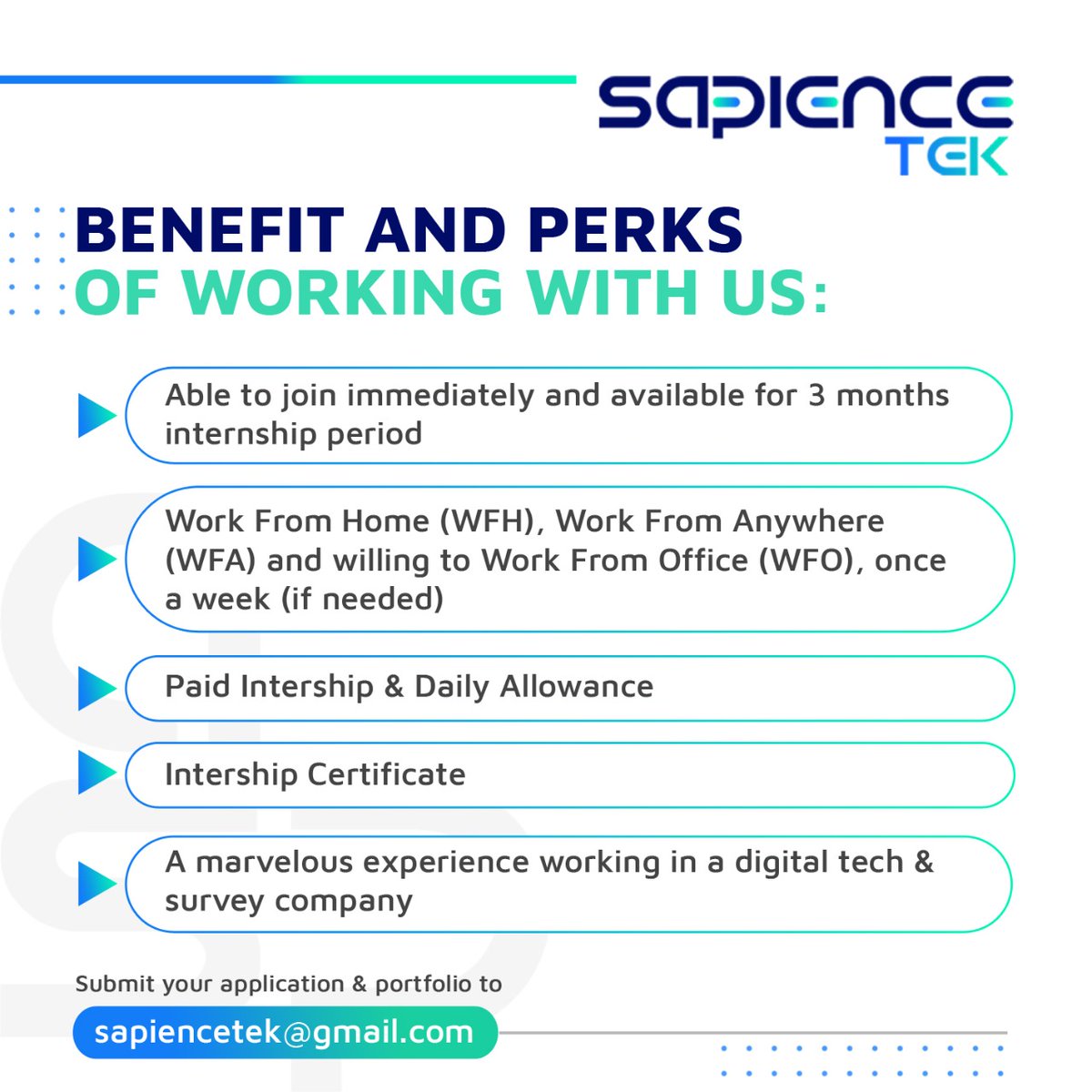 masekokoi's tweet photo. BE PART OF SAPIENCETEK | WFA-INTERNSHIP

Tech-startup membuka ruang kolaborasi utk posisi:
CREATIVE WRITER &amp; DIGITAL CONTENT

Pls submit your application and portfolio to sapiencetek@gmail.com
Good luck!
#Loker #mincot #lowongankerja #lokercot #HRDBACOT 
@hrdbacot https://t.co/PG3C2CARm7