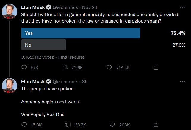 Expect followers number increase after Elon restore suspended account next week .... because of his general amnesty 

.... 
...
.
Day dreaming 😴 pretending I lost a lot of followers that were suspended 

#indiehacker #buildinpublic