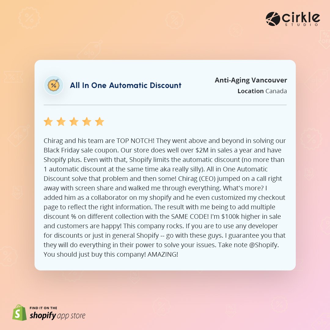 cirklestudio's tweet image. $100k higher in sale &amp;amp; customers are happy...👌 
- Anti - Aging, Canada

We always try to provide value and features that helps @Shopify seller to make more profit 🚀

Thank you for your valuable feedback😊

apps.shopify.com/all-in-one-aut…

#AutomaticDiscount #ShopifyApps #CirkleStudio