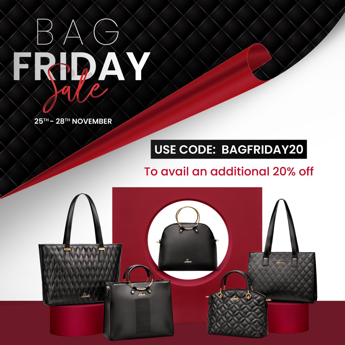LavieWorld's tweet photo. Get, set your cart &amp; go! 😍 Bag Friday Sale is live NOW 🔥🖤 Use code: BAGFRIDAY20 to avail an EXTRA 20% off, sitewide! 👜
.
Head to https://t.co/SJ9I5tM5mQ &amp; shop the best deals from 25th to 28th Nov, midnight 🛒
.
#lavieworld #sale #bagfriday #blackfriday #blackfridaysale https://t.co/NZPe2JVupv