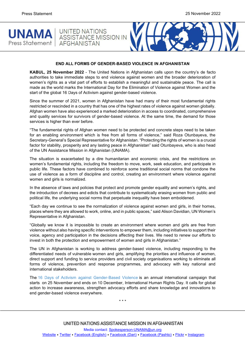 #Afghanistan has one of world's highest levels of violence against women. Ending the violence &amp; restoring women &amp; girls rights is crucial for any lasting peace. International Day for #EVAW <a href="/16DaysCampaign/">Global 16 Days Campaign</a>. Read statement: bit.ly/3AKd4Sq