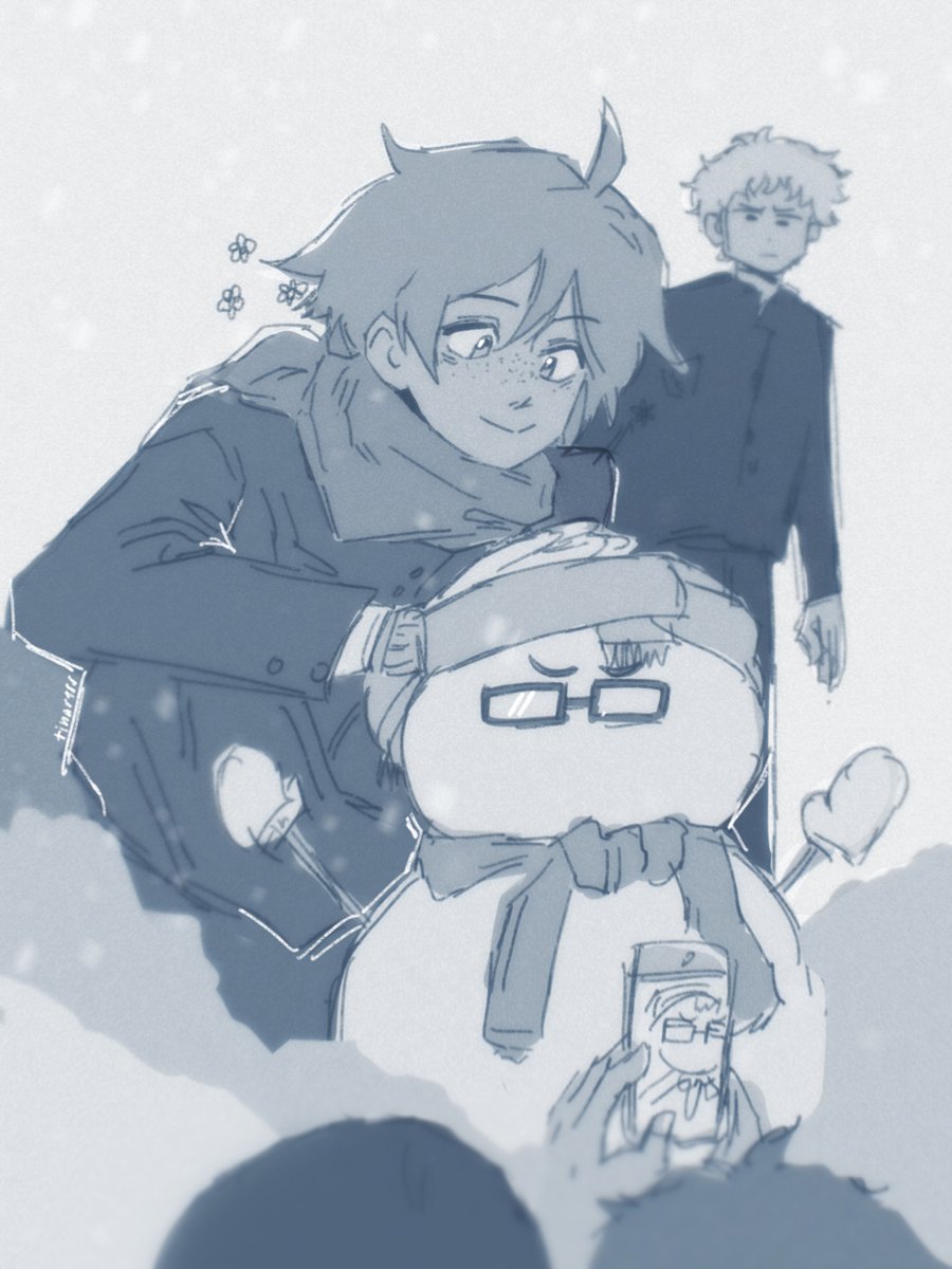 snowman multiple boys monochrome glasses scarf smile phone  illustration images