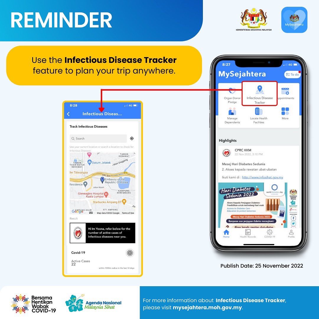 RT @my_sejahtera: Are you planning a vacation with your family? Use Infectious Disease Tracker feature on MySejahtera before going to your destination. Stay safe! 

#MySejahtera2.0
#AplikasiKesihatanAwam