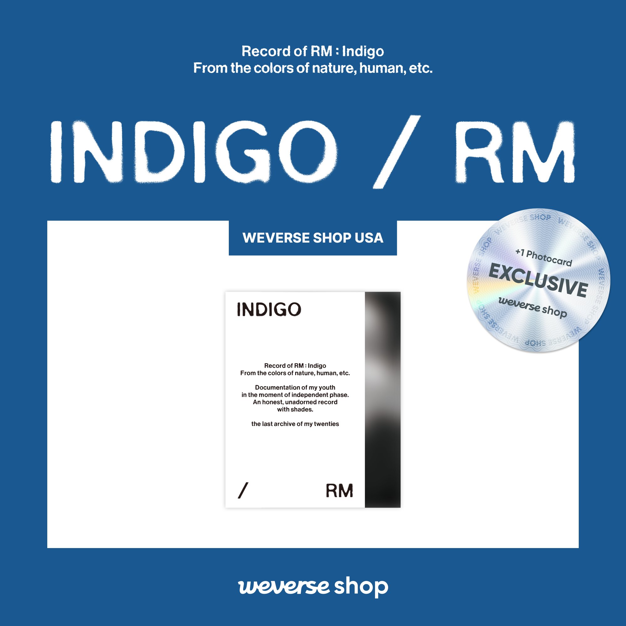 BTS RM indigo ユニバ限定 フォトカード BTS RM indigo購入特典台紙付き ホログラム フォトカード ほぼ