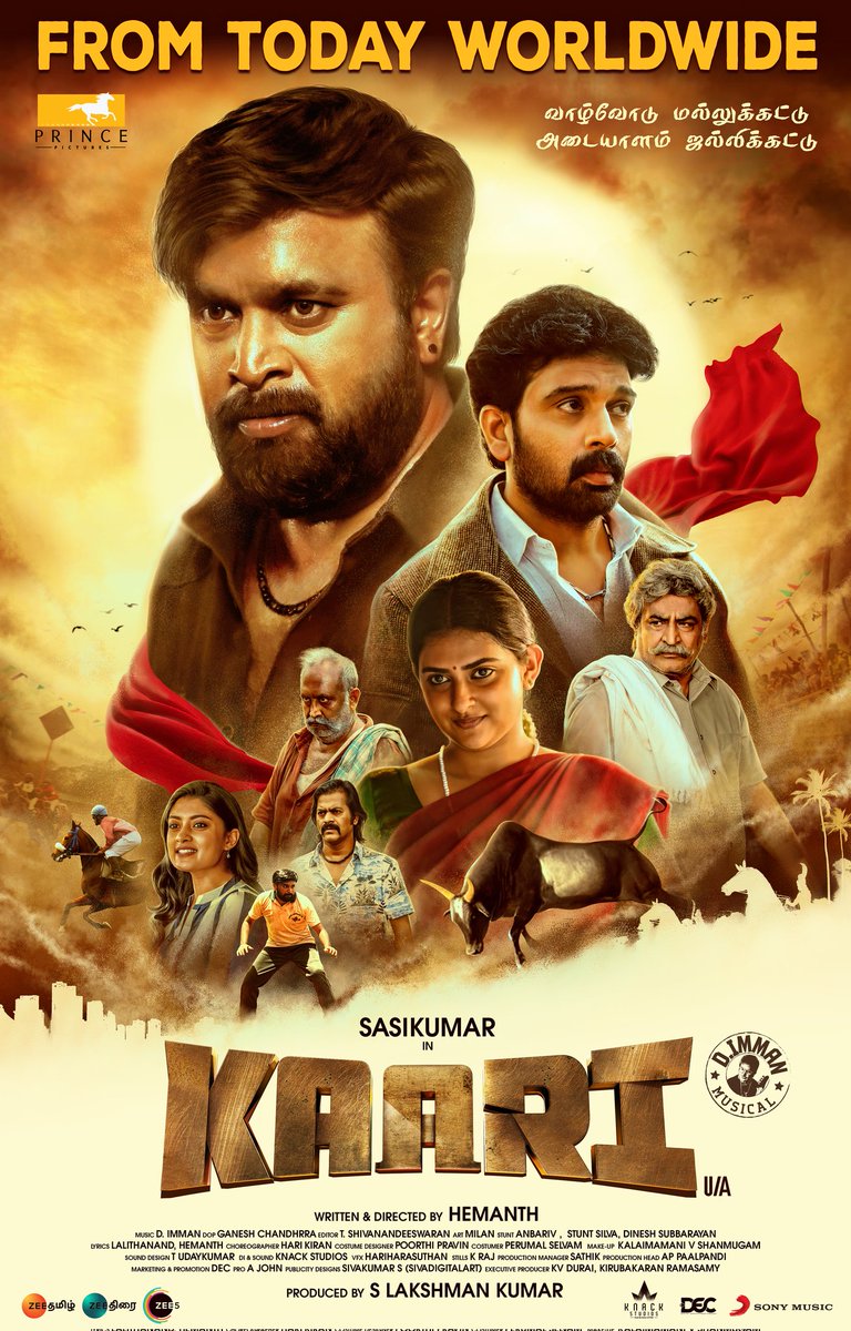 SonyMusicSouth's tweet photo. The power-packed #Kaari in cinemas! 💥
Wishing the talented team stupendous box-office success! 🥁
@SasikumarDir @lakku76 @HemanthM_Dir @Prince_Pictures @immancomposer @parv_1998 @Ammu_Abhirami
#KaariFromToday https://t.co/lc9ilBMkcV