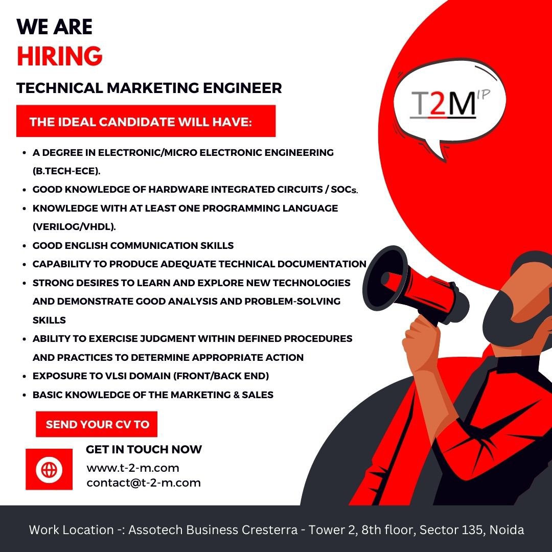 T2M_IP's tweet photo. We are currently hiring for Technical Marketing Executives, Looking for passionate and aggressive Engineers with https://t.co/OYESOWcsfJ (ECE) who can join immediately.

Interested candidates can share their resume at contact@t-2-m.com

#Hiring #MarketingSales #SemiconductorIP https://t.co/JGUa8Z7QxI
