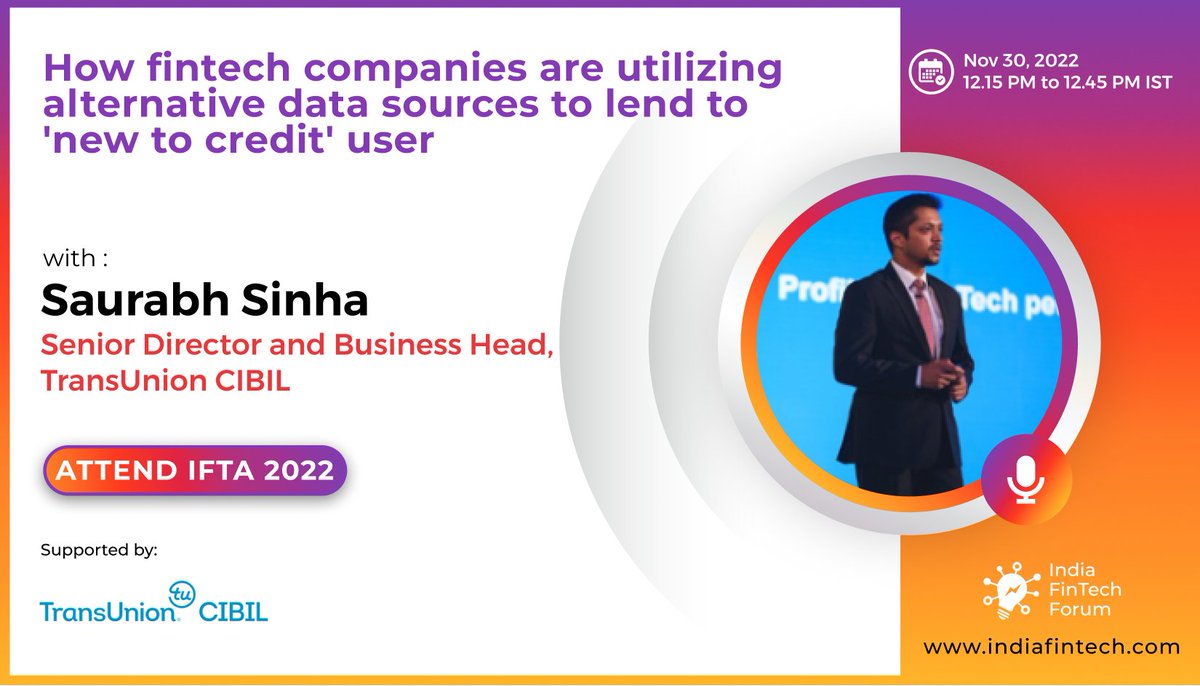 India_Fintech's tweet photo. 🏆 Attend IFTA 2022: https://t.co/g8NXsHYZVb 
Watch LIVE - Mr. Saurabh Sinha, Senior Director and Business Head, TransUnion CIBIL at India FinTech Awards 2022.

#IFTA2022 #IndiaFinTechAwards #fintech #lending #credit https://t.co/67W3wZcb4F