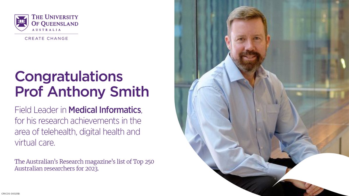 Congratulations <a href="/ProfTelehealth/">Anthony Smith</a>👏who has been named Field Leader in The <a href="/australian/">The Australian</a> Research magazine's list of Top 250 🇦🇺 researchers for 2023. Prof Smith came out on top for #MedicalInformatics, for his research achievements in the areas #telehealth #digitalhealth #virtualcare.
