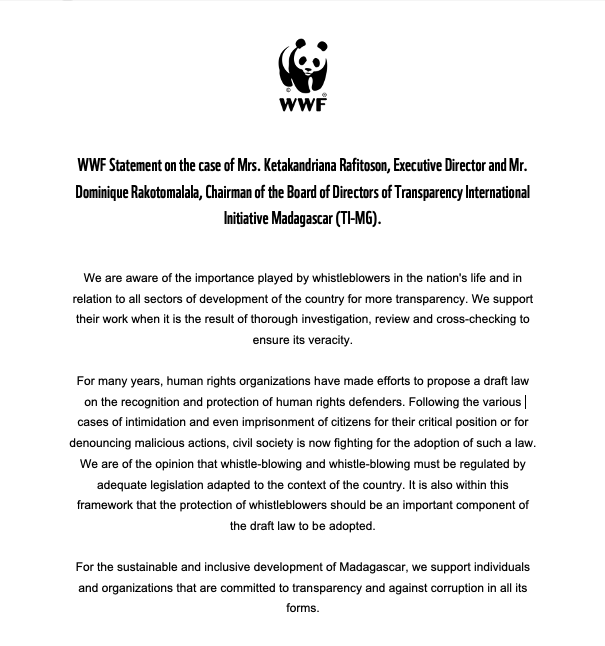 wwf_mada's tweet photo. WWF Statement on the case of Mrs. @KeRafitoson, Executive Director and Mr. Dominique Rakotomalala, Chairman of the Board of Directors of Transparency International Initiative Madagascar (@TI_MDG).
#NaturePositive https://t.co/W2OfWbvd9e