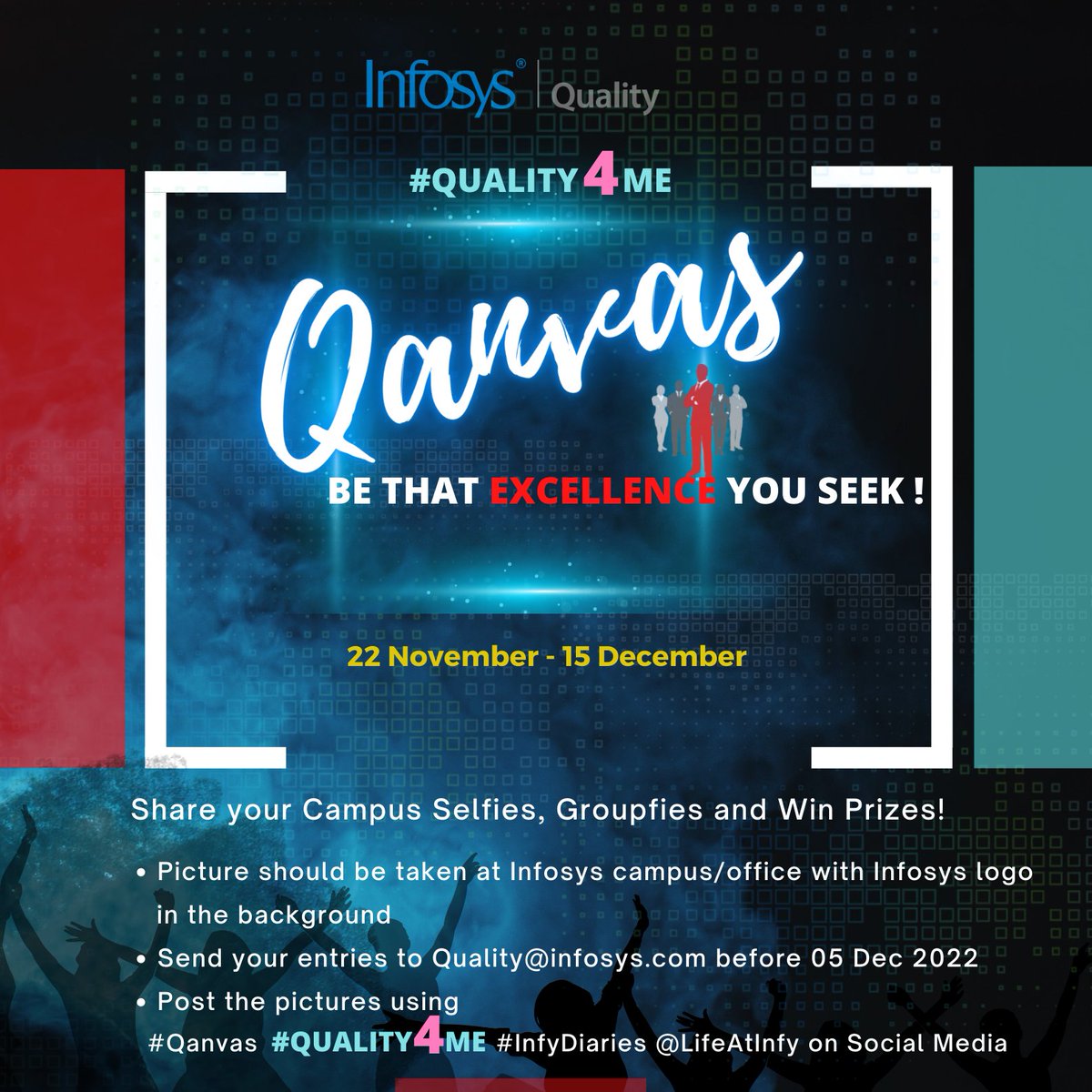 LifeAtInfy's tweet photo. It's #WorldQualityMonth and we're calling out to all the excellence that we see at @Infosys! Celebrate 🥳 with us to raise the bar when it comes to #QualityAutomation 👩‍💻 and effective services Delivery! #LifeAtInfy #Qanvas https://t.co/O8ocIrgRmr