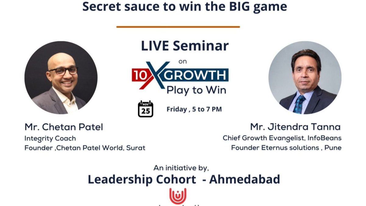 Get all the hidden insights from our CEO, Jitendra Tanna, Chief Growth Evangelist, InfoBeans &amp; Founder, Eternus Solutions where he will be sharing some secrets &amp; experiences about #Growth, #Systems, &amp; #Happiness. Join Today at 5:00 PM, the 25th November 2022, at Ahmedabad, India