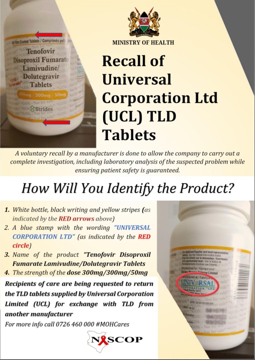 NASCOP's tweet photo. Did you receive TLD in a white bottle stamped UNIVERSAL CORPORATION during last visit? MOH needs you to return it for exchange. For more info call 0726 460 000
#mohcares
@NEPHAKKENYA
@MOH_Kenya https://t.co/OExhrS5qcn