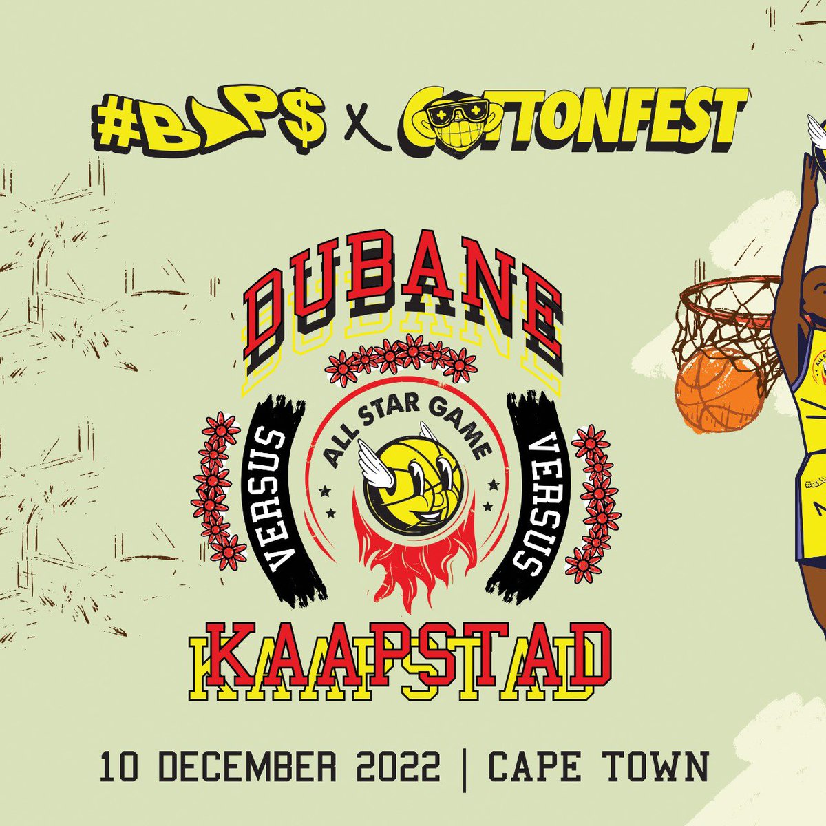 SMB_DBN's tweet photo. WE ARE PROUD TO ANNOUNCE OUR #B▲P$ X @cottonfestjhb ( DUBANE VS KAAPSTAD ) COLLABORATION THAT IS DROPPING ON THE 10TH OF DECEMBER ‘ 22 AT #CFCPT. MORE DETAILS TO FOLLOW 🏀 🌺 | #ART #FASHION #MUSIC https://t.co/0q96UC1m67