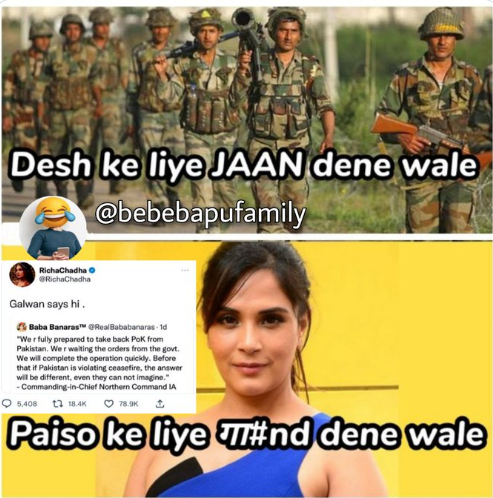 SohiniSarka3's tweet photo. The respect of the country's army is the best, if any such ra#d or bhand insults it, it should be boycotted. Who _ who agrees with this!
Jai Hind.
#BoycottMamaEarth
#boycottfukrey
#AliApniBakriSambhal
#BoycottFukrey3 #RichaChadha https://t.co/Ri1iXf35Tb