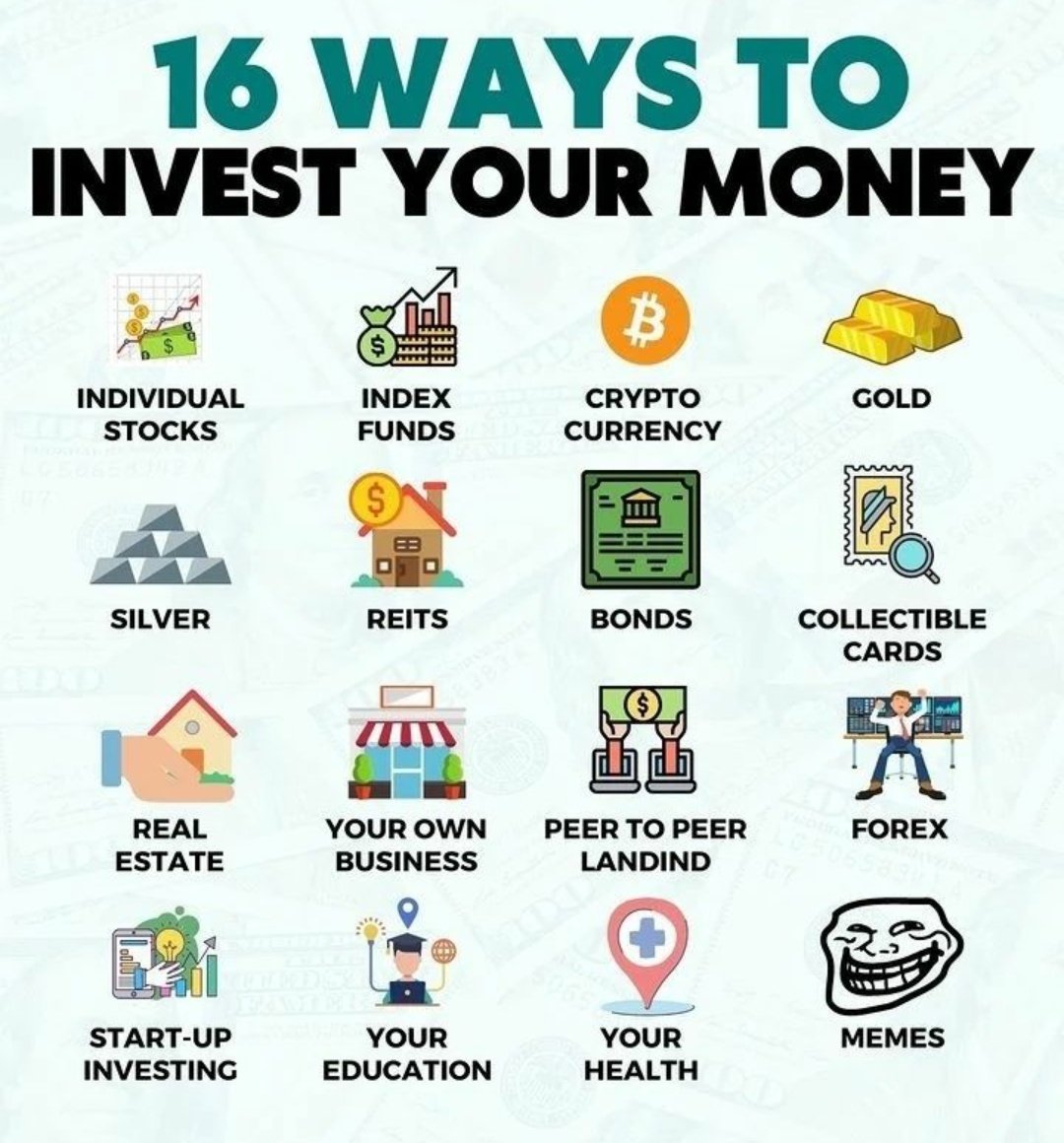 FreelanceSumit's tweet photo. 16 Way to Invest Your Money 💰
.
#highpayingskills #skills #website 
#money #makemoneyonlinefree #makemoneyonlinenow #makemoneyfromyourhome #makemoneydaily #digitalmarketing #makemoneytoday #makemoney #makemoneyfromyourphone #makemoneywebsite #moneyquotes https://t.co/ipOZzddTWl