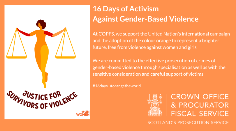 COPFS's tweet photo. Today is the International Day for the Elimination of Violence Against Women.  It marks the start of the UN’s annual global event: 16 Days of Activism Against Gender-Based Violence   #16days  #orangetheworld https://t.co/OW9r1EPMbm