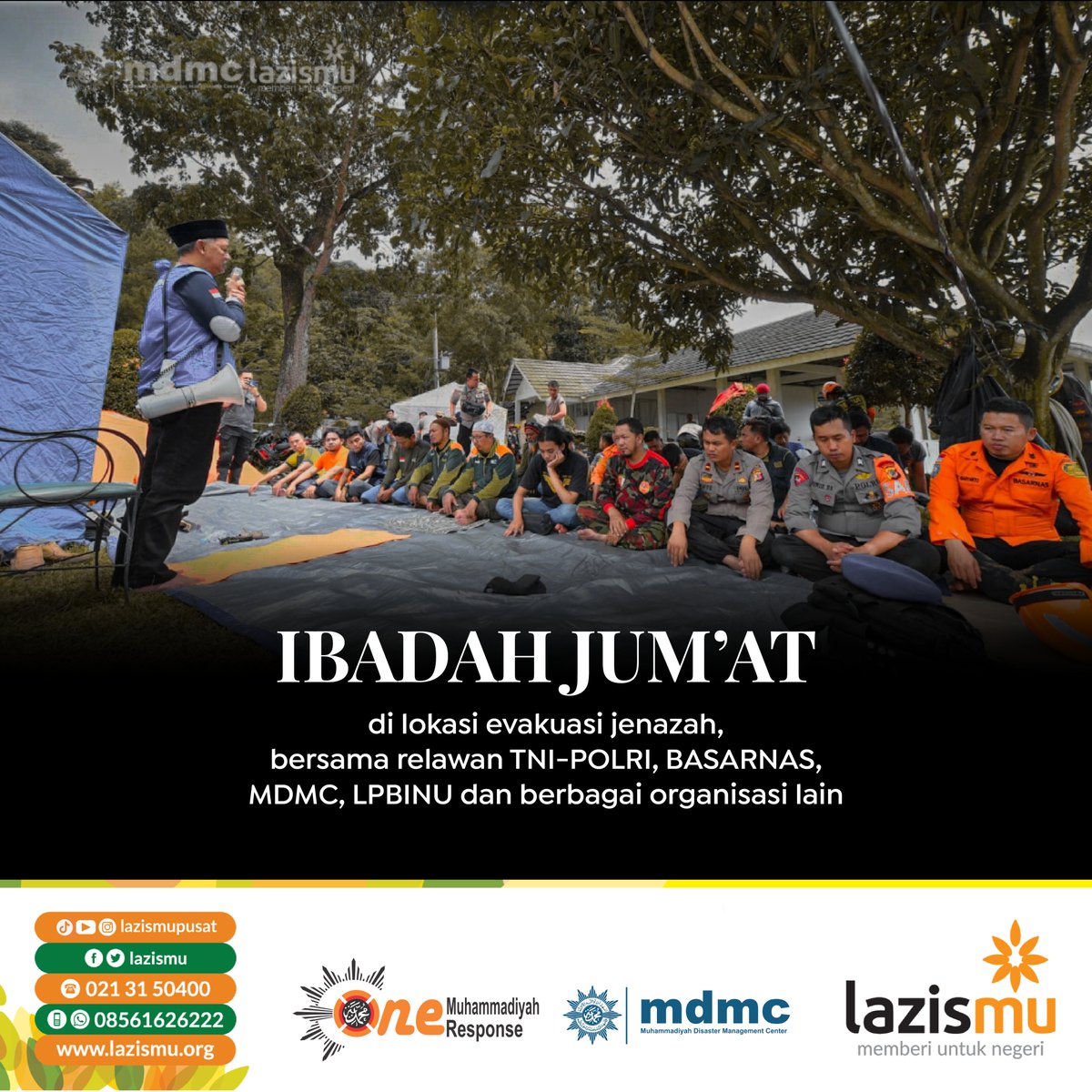 Meskipun dalam kondisi bencana, ibadah tidak boleh ditinggal. Di lokasi bencana Cianjur, dilaksanakan shalat Jumat bersama Relawan Lazismu-MDMC, TNI/Polri, Basarnas, LPBINU dan berbagai organisasi lainnya.

#jumat
#gempacianjur
#IndonesiaSiaga
#Zakat
#Lazismu
#muhammadiyah