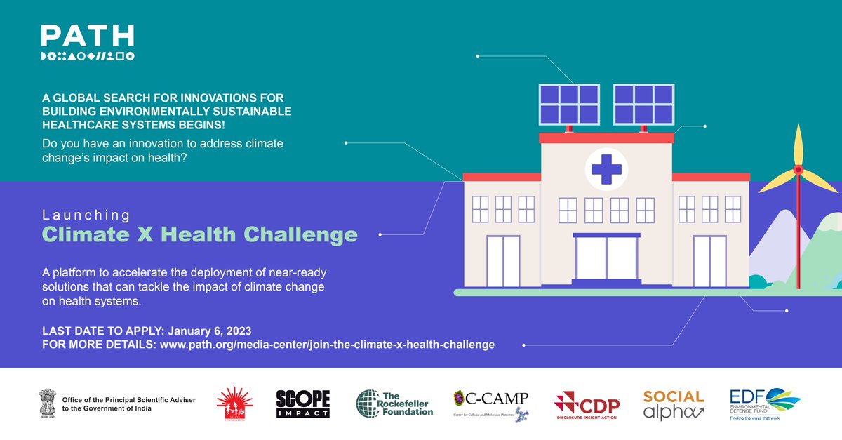 Disclosure_IND's tweet photo. A global search for innovations for building environmentally sustainable healthcare systems begins. PATH and partners launch the Climate X Health Challenge to address climate change’s impact on health.

Apply here: https://t.co/YFF6m3gr2i

#ClimateXHealth https://t.co/zLRlW5tTX2
