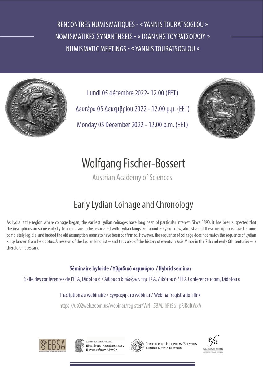 efathenes's tweet photo. 📆05/12/2022
Come and join us for the #SemNum at the @efathenes or register to follow the seminar online
➡️ https://t.co/ESsLaUv0tp
Discover the 2022-23 programme ➡️ https://t.co/xDcna9s1lA
With @EIEgr @UOAHistory @EBSA_Tw https://t.co/PFKx7c3qzp