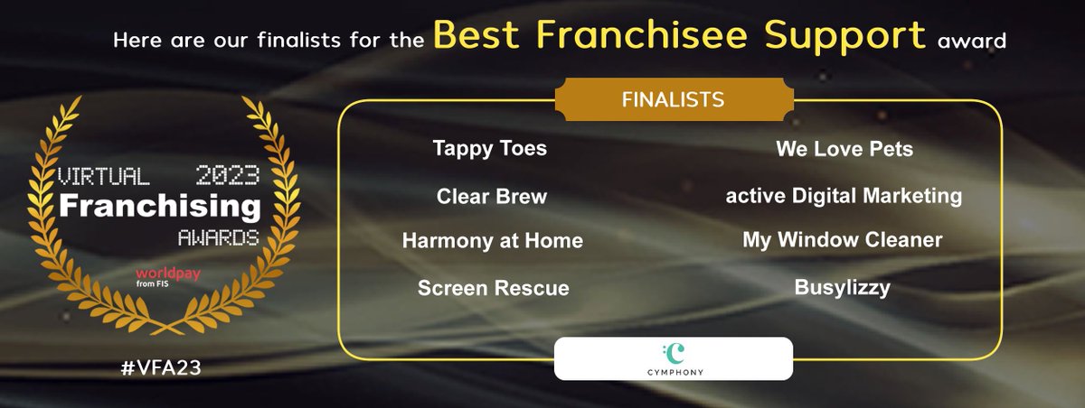 Congratulations to Tappy Toes, We Love Pets, activ Marketing Group, Clear Brew, My Window Cleaner, Busylizzy, Harmony at Home, Screen Rescue

You're all recognised as finalists in the Virtual Franchising Awards #VFA23 Best Franchisee Support category! 

Sponsored by Cymphony