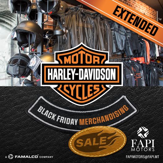 WE HAVE EXTENDED OUR BLACK FRIDAY SALE!!

Visit our FAPI Motors showroom, Mdina Road, Attard and avail yourself on the GREAT PRICES we have on HARLEY DAVIDSON MERCHANDISE!!*

*The sale is on merchandising only.

#FapiMotors #HarleyDavidson #Famalco #TomorrowTogether
