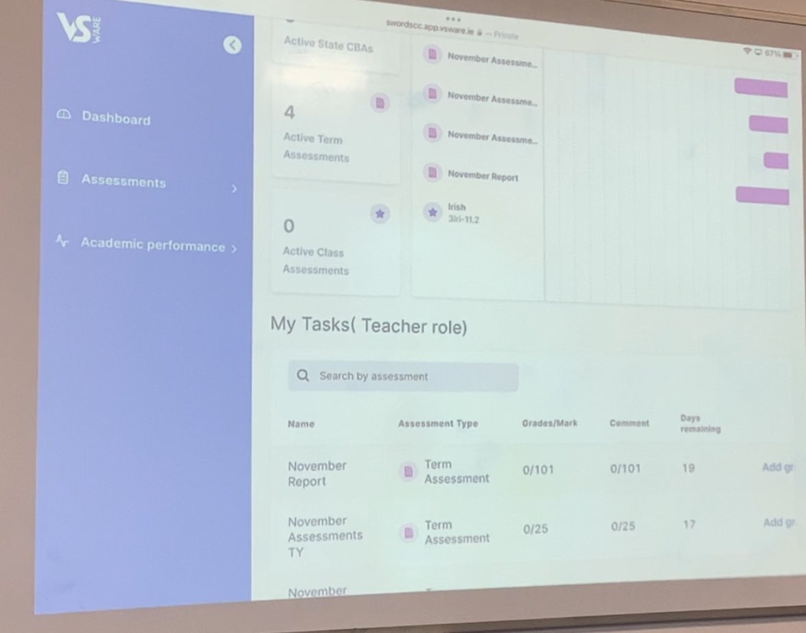 CarmelC29's tweet photo. Nov Teach Meet- ICT. Oide Alison: Numbers workbooks in Maths. @OideGrace: using vsware to track class tests as well as term tests. Really effective examples to help get the most out of the iPad in our day to day classes! Míle Buíochas! @swords_cc #teachmeet #ddletb https://t.co/I19ND9Exll