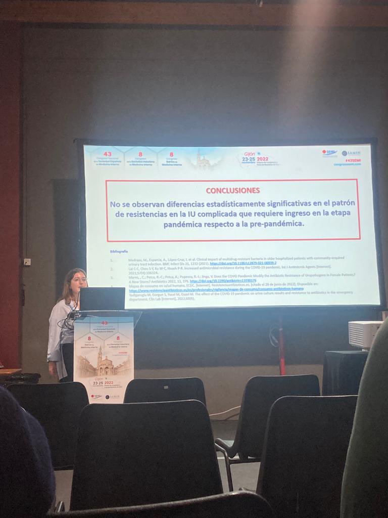 La Dra. Sofia Viñola del Hospital Universitario Dr. Peset de Valencia <a href="/GVADrPeset/">DS Doctor Peset</a> presenta en el congreso <a href="/Sociedad_SEMI/">Sociedad Española de Medicina Interna</a> la evolución de patrones de resistencias en infección urinaria complicada entre 2017 y 2021. #43semi #hospitaldrpeset #MedicinaInterna <a href="/sofiavher/">Sofía</a>