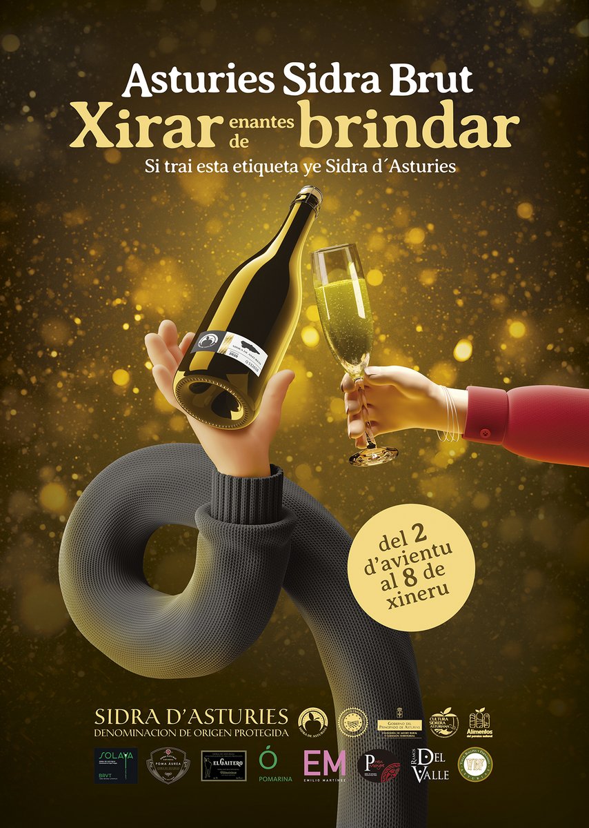 Equí tenéis la campaña de navidá “Xirar enantes enantes de brindar” que pon en valor la Sidra Natural Esplumosa acoyida a la DOP Sidra d'Asturies al traviés de los dos símbolos que la identifiquen.
1️⃣ La etiquetina que garantiza'l so orixe y calidá .
2️⃣ El nome Sidra d'Asturies
