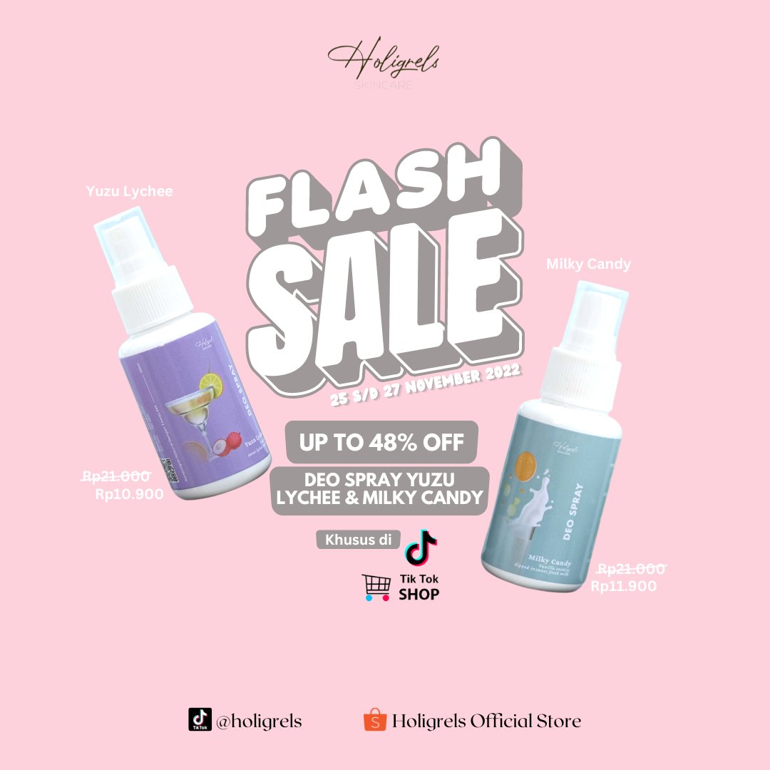 holigrelsofc's tweet photo. FLASH SALE SPESIAL PAYDAY💓🙆‍♀️
Deospray Holigrels mengandung tawas asli &amp; daun sirih yang mampu mencerahkan kulit ketiak&amp; mengatasi keringat berlebih🥳 Nah, spesial tanggal 25-27 November 2022 harga Deospray hanya 10Ribuan aja guys💸 https://t.co/i03euGzzwN