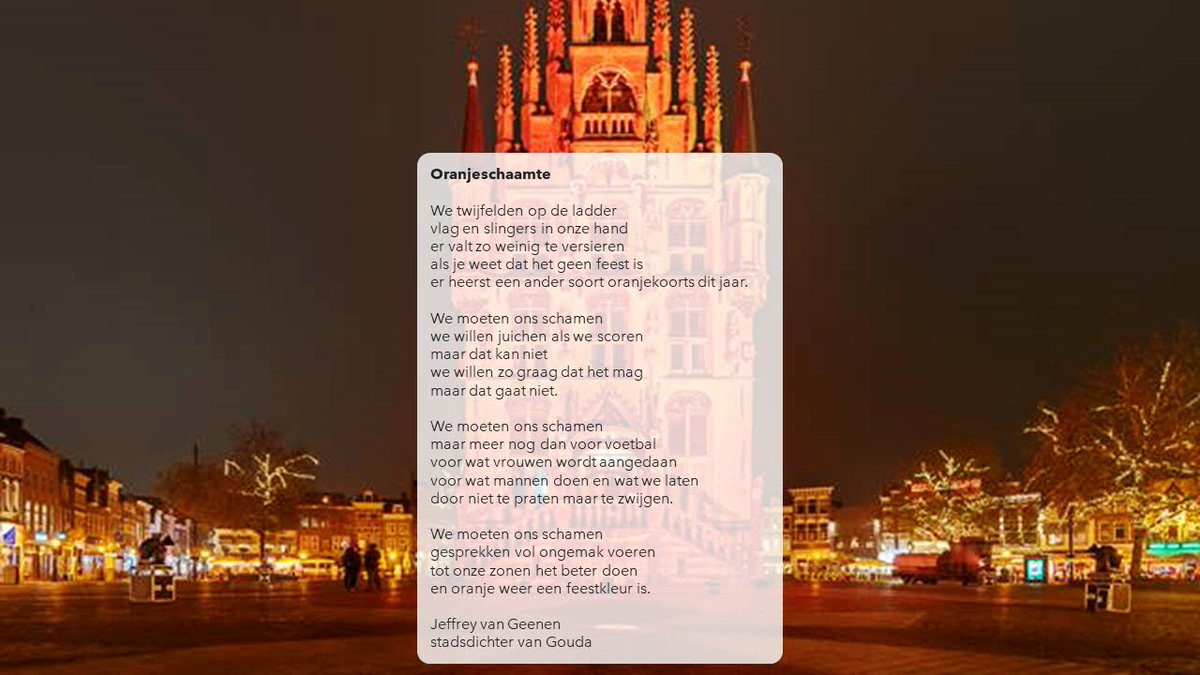 Oranjeschaamte. Op 25 november kleuren wereldwijd gebouwen oranje. Vandaag is het #orangetheworld 
#stopgeweldtegenvrouwen
---
We moeten ons schamen
gesprekken vol ongemak voeren
tot onze zonen het beter doen
en oranje weer een feestkleur is.
---
<a href="/SoroptiGouda/">Soroptimisten Gouda</a>