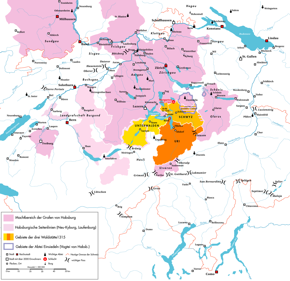 The region near Bern in 1315, with Habsburg ruled area marked in fuchsia (?), taken from https://en.wikipedia.org/wiki/Growth_of_the_Old_Swiss_Confederacy#/media/File:Historische_Karte_CH_1315.png